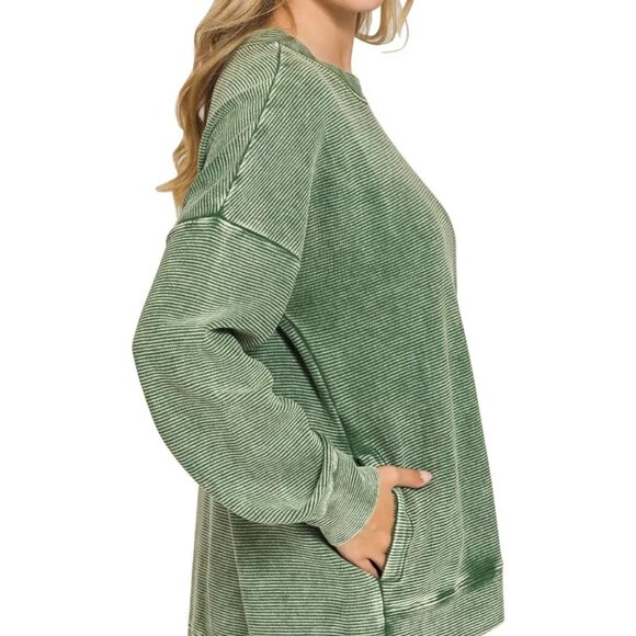 Zenana Full Size Acid Washed Double Ribbed Hi-low Sweatshirt Plus Size‎ - Picture 2 of 2